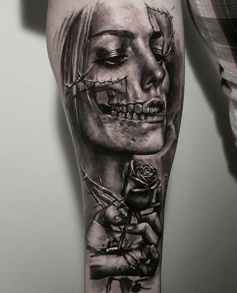 Tattoo Of A Woman, Scary Tattoo Designs, Unique Tattoos Ideas, Tattoo Ideas Christian, Tattoo Ideas Quotes, Christian Tattoo Ideas, Half Sleeve Tattoos Forearm, Catrina Tattoo, Skull Girl Tattoo