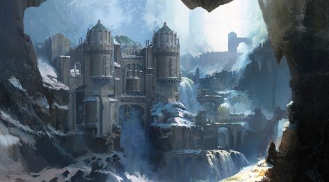 Snowy Mountain, Fantasy Castle, Fantasy City, Fantasy Places, Fantasy Setting, Futuristic Art, Fantasy Art Landscapes, Fantasy Aesthetic, Warhammer Fantasy