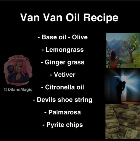 #hoodoo #conjure #witchcraft #bruja #santeria #wiccan #voodoo #vodou #divine #witchtips #witchtip #rootwork #amulet #healer #spells #spellwork Van Van Oil Recipe, Van Van Oil, Road Opener Oil, Hoodoo Oils, Conjure Oil, Easy Spells, Witch Spell Book, Witchy Crafts, Witch Spell