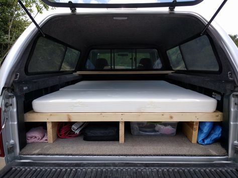 Camper Shell Camping Truck Bed, Truck Shell Camping, Camper Shell Camping, Car Bed Camping, Tacoma Camping, Festival Prep, Truck Topper Camping, Truck Shells, Pickup Camping