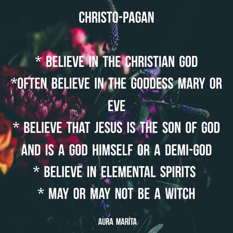 What is Christo-paganism? Christo-pagans believe in the Christian God instead of the Sun God or othe God's like Odin. They may believe that Mother Mary or Eve as the Goddess. I however believe that Jesus is A Demi-God part God and part human. Christians believe that Jesus is God and pray to him. I pray to the God and the elemental Spirits. Remember Paganism is Polytheism and not Monotheism. They may or may not be witches. Christian Witchcraft Spells, Christian Witch Spells, Christo Paganism, Pagan Deities Gods And Goddesses, Christian Witch Quotes, Wicca God And Goddess, Pagan Vs Christian Holidays, Christian Witchcraft, What Is Paganism