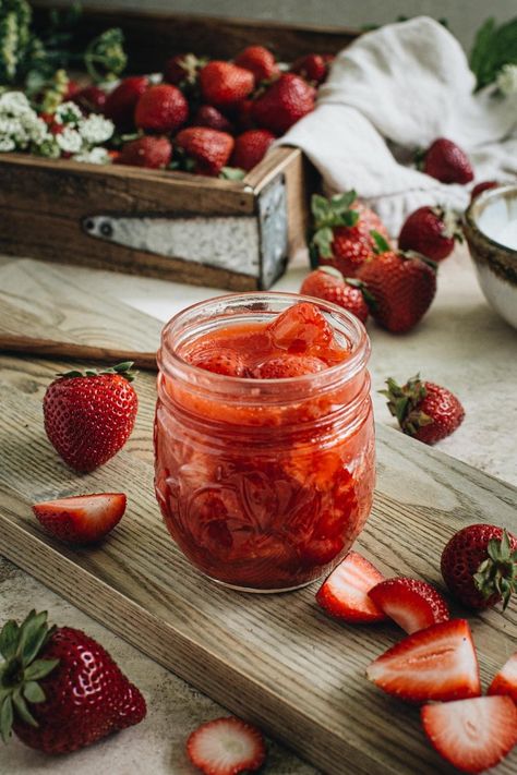 This decadent topping is a sweet summer treat when poured over ice cream, waffles, or just about anything. Vegan Strawberry Sauce is filled with sweetened strawberries in a thick glaze. You'll want to drizzle it on absolutely everything.    #VeganStrawberrySauce #StrawberrySauceRecipe #CanningStrawberrySauce Alabama White Sauce, Strawberry Balsamic, Dutch Apple, Apple Jam, Strawberry Glaze, Strawberry Topping, Marinated Steak, Vegan Sauces, Strawberry Sauce