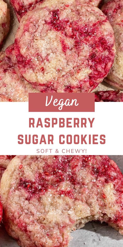 These soft & chewy Vegan Raspberry Sugar Cookies are made with only 9 ingredients and require only 1 hour of chill time! Not only are these cookies eggless & dairy-free, but they have the perfect mix of sweet and tart flavors thanks to the frozen raspberries, fresh lemon zest, and cane sugar. #raspberrycookies Vegan Blackberry Cookies, Vegan Magic Cookie Bars, Vegan Espresso Cookies, Vegan Jam Cookies, Vegan Danish Butter Cookies, Sweet Simple Vegan, Vegan Sugar Free Cookies, Vegan Low Sugar Desserts, Vegan Sandwich Cookies