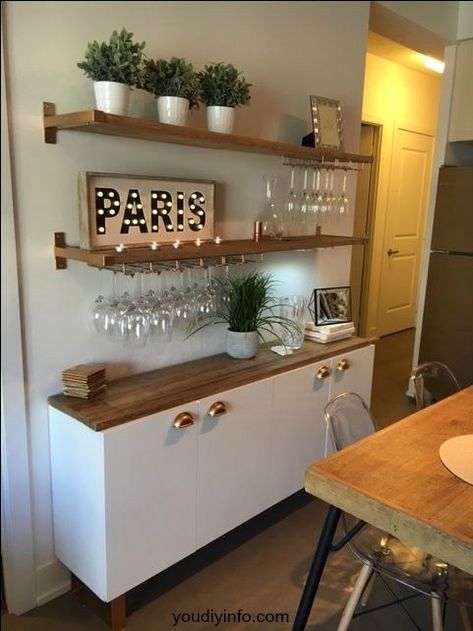 Built in Bar Option with a Besta - all the amazing options you can utilize for your home bar! Dapur Ikea, Desain Pantry Dapur, Small Dining Room Decor, Gold Dining Room, Decoration Buffet, Ikea Desk Hack, Kitchen Ikea, Desain Pantry, Ikea Hack Ideas