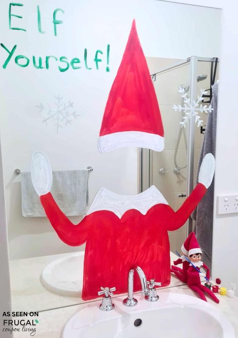 Transform your mirror with The Elf on the Shelf! Your elf paints an elf hat and body on the mirror, allowing your child to "Elf Yourself" in this festive holiday scene. New Ideas for The Elf on the Shelf and free Christmas printbles. Elf Printables, Elf On The Shelf Idea, Elf Yourself, Mirror Paint, The Elf On The Shelf, Elf Hat, Mirror Painting, Dad Daughter, An Elf