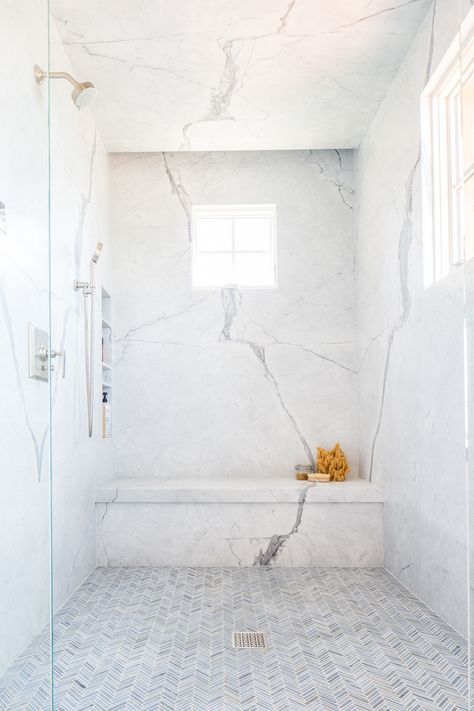 Blackband_Design_Newport_Coast-78 Marble Herringbone Floor, Amazing Master Bathrooms, Marble Bathroom Designs, Marble Showers, Shower Floor Tile, Master Shower, Bad Inspiration, Shower Niche, Bathroom Remodel Shower