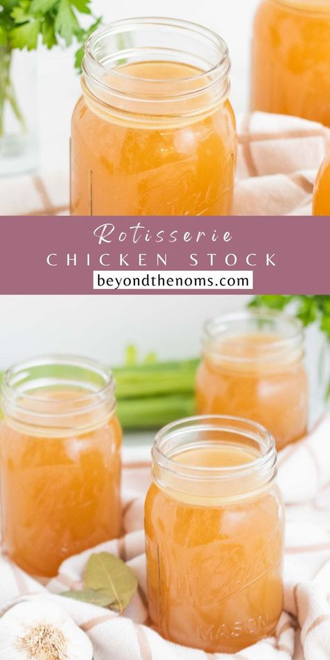 Homemade chicken stock is so easy to make and tastes so much better! Make it in the Instant Pot, stovetop, or in a slow cooker. Just add leftover rotisserie chicken bones, garlic, onion, celery and carrots and you have yourself a flavorful stock for your favorite recipes. #chickenstock #chickenbroth #homemadebroth #homemadestock #soupseason Rotisserie Chicken Stock, Leftover Rotisserie, Homemade Chicken Stock, Leftover Rotisserie Chicken, Chicken Bones, Soup Season, Bone Broth, Chicken Stock, Rotisserie Chicken