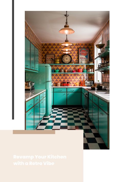 Revamp your kitchen with a retro vibe: turquoise cabinets, a checkered floor, and vintage decor. Timeless Flooring, Colorful Cabinets, Kitchen Tile Inspiration, Industrial Chic Kitchen, Rustic Industrial Kitchen, Compact Kitchen Design, Modern Bedroom Colors, Kitchen Interiors, Vintage Appliances