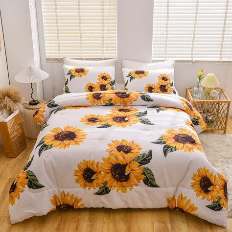 Sunflower Room, Sunflower Home Decor, Flower Comforter, Floral Comforter Sets, Bedding Quilt, Flower Bedroom, Flower Bedding, White Sunflowers, Bed Quilt Cover