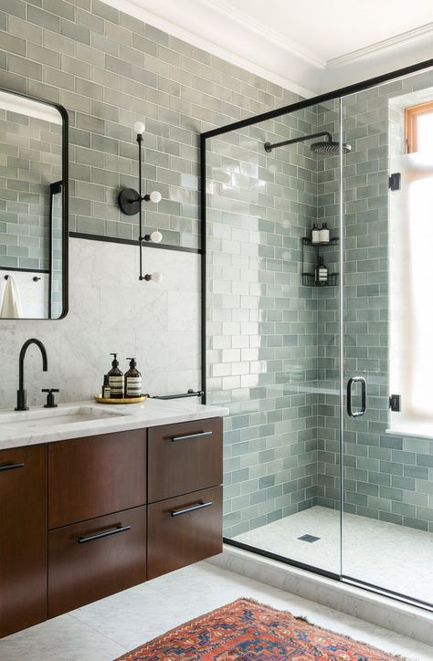 Green Shower Tile Ideas and Inspiration | Hunker Bathroom Backsplash Ideas, Green Shower Tile, Parisian Bathroom, Green Bathroom Ideas, Glass Shower Wall, Hunted Interior, Tile Backsplash Bathroom, Mint Green Walls, Dark Bathrooms