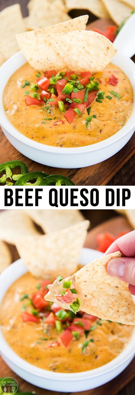 This beef queso dip is creamy cheesy goodness packed with a punch; with seasoned ground beef, velvety smooth cheese and packed full of flavor this dip is the perfect party appetizer! Beef Queso Dip, Mexican Ground Beef, Velveeta Recipes, Ground Beef Taco Seasoning, Appetizers Easy Dips, Seasoned Ground Beef, Baked Chicken With Mayo, Ground Beef Tacos, Queso Dip