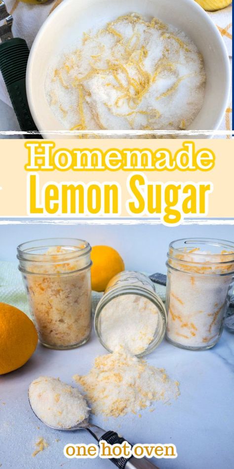 Three jars of lemon sugar. Lemon Zest Recipes, Infused Sugar, Sprinkles Recipe, Citrus Recipes, Baking Projects, Dried Lemon, Kitchen Witchery, Flavored Sugar, Lemon Sugar