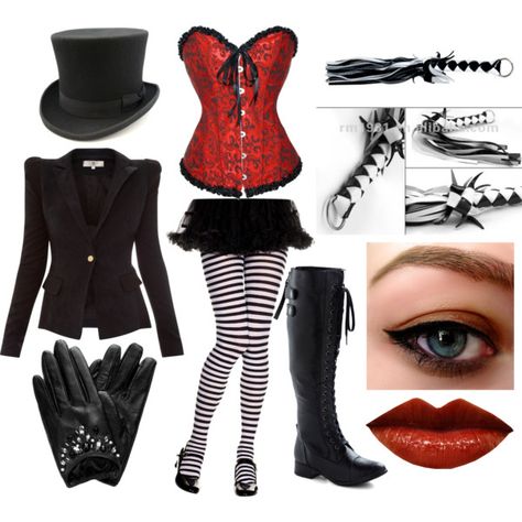 Miss Ring Leader by ndshoem on Polyvore featuring Forever New, stripes, lace, studs, velvet, lips, white, whip, diamonds and gloves Ring Master Costume Womens, Ringleader Outfit, Ringleader Costume, Ring Leader Costume, Circus Ringleader, Ringmaster Costume, Circus Vintage, Ring Leader, Ring Master