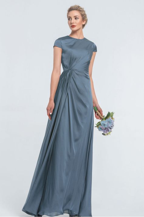 Modest LDS Steel Blue Satin Bridesmaid Dresses Bridesmaid Dress Patterns With Sleeves, Bridesmaid Dress Elegant, Modest Silk Bridesmaid Dress, Satin Bridesmaid Dresses With Sleeves Modest, Stormy Blue Bridesmaid Dresses, Dusty Blue Bridesmaid Dresses Long Sleeve, Steel Blue Bridesmaid Dresses Modest, Modest Bridesmaid Dressy Dresses With Sleeves Dusty Blue, Modest Light Blue Bridesmaid Dresses