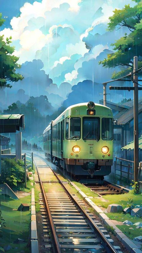 The Train IPhone Wallpaper HD - IPhone Wallpapers : iPhone Wallpapers Lofi Aesthetic Wallpaper, Train Wallpaper, Rainy Sky, Lofi Aesthetic, Studio Ghibli Background, Animated Photos, 4 Wallpaper, Environmental Conservation, Ghibli Art