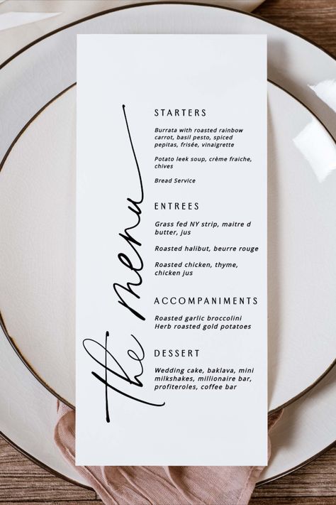 Printed Wedding Menu Stationery in Modern Design Menu Wedding Design Ideas, Minimalist Wedding Menu Design, Modern Wedding Stationery Design, Menu For Wedding Reception, Wedding Menu Ideas Design, Menu Ideas For Wedding, Wedding Dinner Menu Ideas, Menu Wedding Cards, Wedding Menu Card Ideas