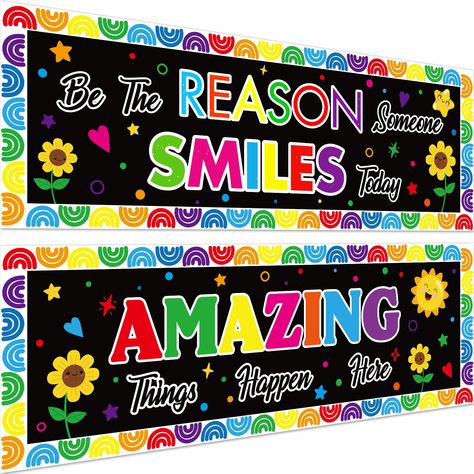 PRICES MAY VARY. Package Includes: you will receive 2 pieces of motivational classroom banner in different designs, comes with 2 sheets of adhesive dots, the poster is designed with vibrant colors and positive messages, it is a ideal choice for displaying in the classroom Classroom Inspirational Banner: our classroom positive wall banners are decorated with patterns like stars, sun, sunflower, heart etc pattern, and colorful positive words "Amazing Things Happen Here", “Be The Reason Someone Smi Bulletin Board Decoration, Classroom Bulletin Board, Classroom Banner, Be The Reason, Board Decoration, Bulletin Board, Middle School, Preschool, Pre School