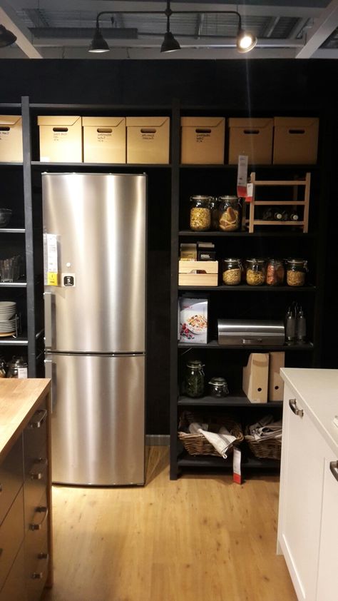 Ikea IVAR shelving system - fridge space with shelves. Useful for alcove in kitchen Ikea Ivar Alcove, Ikea Ivar Garage, Fridge Alcove, Garage Fridge Ideas, Ivar Kitchen, Ivar Ideas, Small Living Dining Room Ideas, Organisation Garage, Ivar Shelving