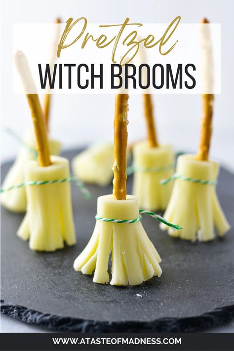 Cheese Witch Brooms, Witch Broom Pretzels, Cheese Witches Broom, Broom Pretzel Sticks, Pretzel Witch Brooms, Pretzel And Cheese Broomsticks, Cheese And Pretzel Broomsticks, Pretzel Broomstick Treats, Halloween Spread