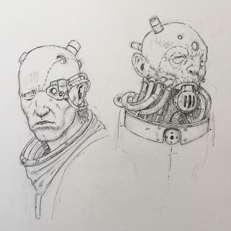 WIP I’ve started colouring these in with watercolour. . . . . . . . . . . . . #characterdesign #inkart #ink #inkdrawing #inked #sketchbook… Machine Drawing, Robot Person Drawing, Human Robotics Drawing, Sci Fi Sketchbook, Cyberpunk Sketch Character Concept, Wild Robot Drawing, Male Artworks, Drawing Face Expressions, Cyborgs Art