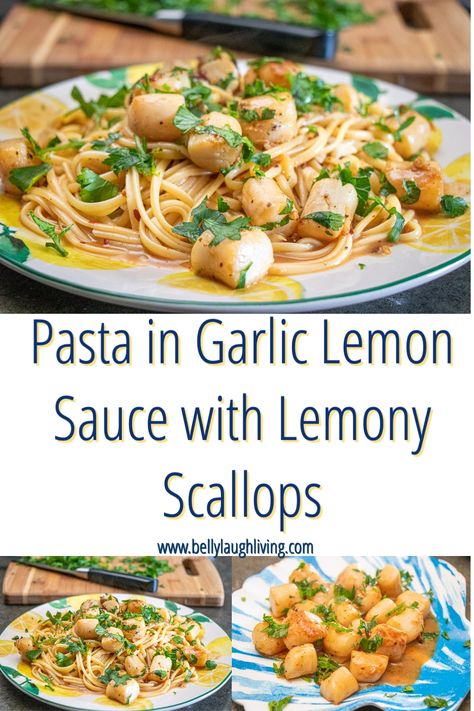 Pasta in Garlic Lemon Sauce with Lemony Scallops Sauce For Scallops, Bay Scallop Recipes, Scallop Recipes Pasta, Lemon Pepper Pasta, Lemon Pasta Recipes, Summer Pasta Dishes, Scallop Pasta, Lemon Garlic Butter Sauce, Lemon Spaghetti