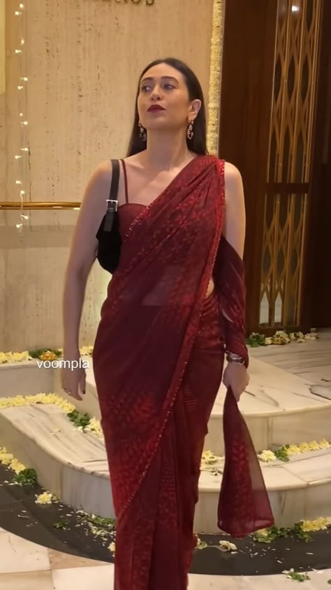 Indian Street Style Fashion, Wine Red Saree For Farewell, Classy Sarees Elegant, Red Saree For Farewell, Saari Designs Latest, Silky Saree, Farewell Saree, Modern Sarees, Trending Saree