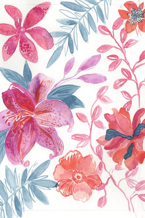 Pattern Tropical flowers watercolor by Soat Creation Fruit Print Fashion, Tropical Flowers Watercolor, Flowers Indian, Jungle Watercolor, Tropical Flowers Pattern, Watercolor Flowers Pattern, Jungle Print, Fruit Print, Japanese Prints