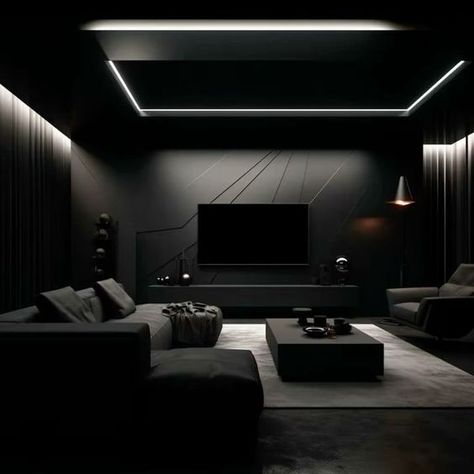 Black Luxury House, Mafia House Aesthetic, Dark Modern House, Dark Interior Design, Black Bedroom Design, Dark Living Rooms, Dark Modern, Black Interior Design, Black Living Room