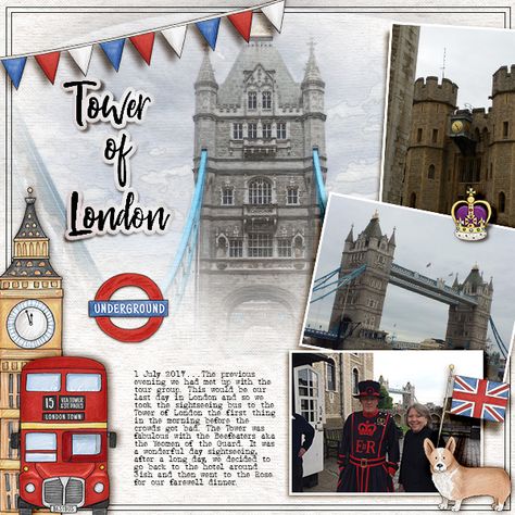 Tower of London - digital scrapbook layout created for The Lilypad's February Scraplift challenge by Christa using digital scrapbooking kits from Kate Hadfield Designs. England Scrapbook Layouts, London Scrapbook Layouts, London Scrapbook Ideas, London Travel Journal, England Scrapbook, Album Photo Voyage, London Scrapbook, London Journal, Bridal Shower Scrapbook