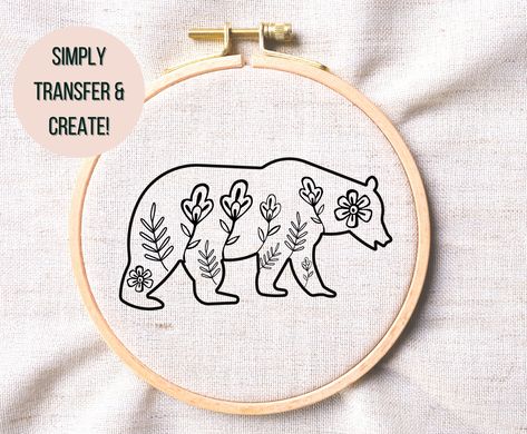 Yellowstone Embroidery, Animal Hand Embroidery, Bear Embroidery Pattern, Bear Embroidery Design, Embroidery Bear, Bear Printable, Diy Embroidery Projects, Embroidered Bear, Bear Embroidery