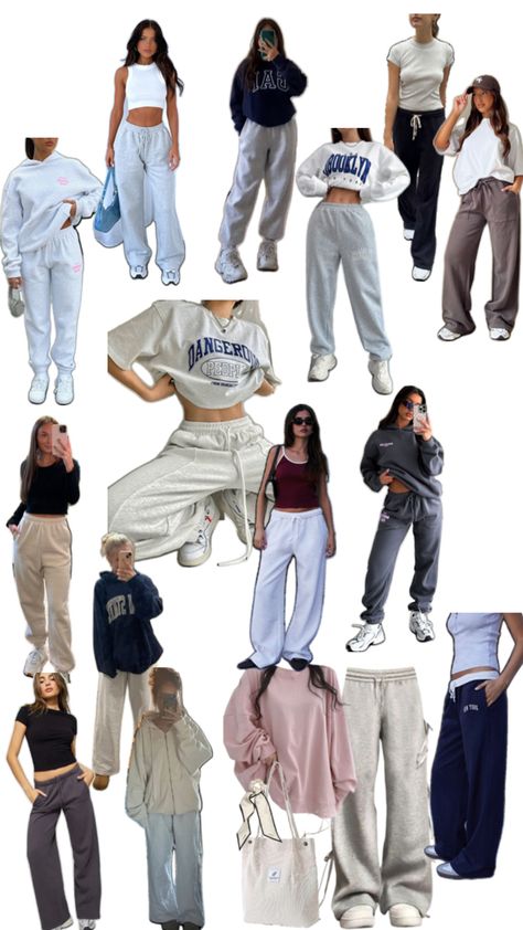 Outfit Inspirations Sweatpants, Great Sweatpants Outfit, Athletic Sweatpants Outfit, What To Wear With Sweatpants To School, Wide Leg Sweatpants Outfit For School, Baggy Sweat Pants Outfit, Cute Outfits For School Sweatpants, Outfits To Wear With Sweatpants, Comfy Outfits For School Sweatpants