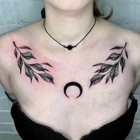 Alt Chest Tattoo, Collar Bone Tattoo Moon, Leaves Chest Tattoo, Leaves Collar Bone Tattoo, Leaf Collar Bone Tattoo, Collar Bone Tattoo For Men, Collarbone Tattoos, Tree Tat, Sagittarius Tattoo Designs