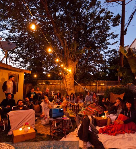 An Outdoor Movie Party | Kitchn Backyard Movie Night Party, Outdoor Movie Party, Outside Movie, Backyard Movie Party, Fall Bonfire, Movie In The Park, Ideas For Backyard, Party Backyard, Halloween Movie Night