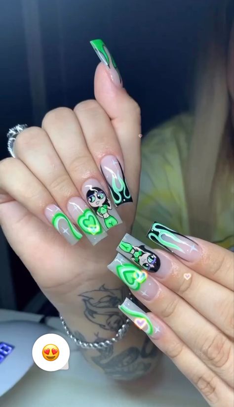 Powerpuff Girls Nails Acrylic, Buttercup Nails, Buttercup Powerpuff, Sailor Moon Pictures, 2023 Nails, Moon Pictures, Girls Nails, Best Acrylic Nails, Powerpuff Girls