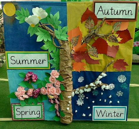 Seasons Display Board, Kindergarten Subtraction Activities, Four Seasons Art, Kindergarten Decorations, Easy Art For Kids, Seasons Activities, Nursery Activities, Paper Craft Diy Projects, Diy Paper Crafts Decoration