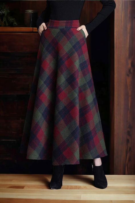 Elevate your fall fashion game with this maxi woolen warm checkered skirt from Amazon. As the leaves change, wrap yourself in cozy style and make a statement. Don't miss out on this fall essential! 🧡🍂 #FallFashion #MaxiSkirt #WarmCheckered #AutumnStyle Modest Long Skirts, Long Skirt Winter, Green Grid, Plaid Wool Skirt, Midi Skirt Pattern, Pleated Long Skirt, Long Skirts For Women, Winter Skirt, Long Maxi Skirts