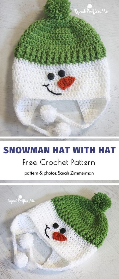 Snowman Hat With Hat Free Crochet Pattern Snowman Hat Pattern, Hats For Babies, Pola Topi, Crochet Christmas Hats, Fun Hat, Hat Patterns Free, Crochet Snowman, Snowman Hat, Baby Hat Patterns