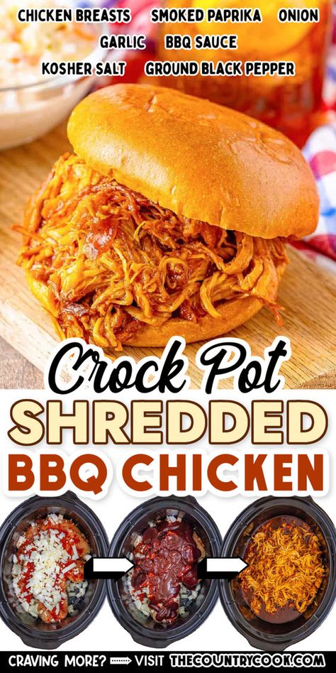 Tender, juicy, and packed with smoky, sweet flavors, Crock Pot BBQ Chicken is the perfect meal to satisfy your cravings without spending hours in the kitchen! Easy Crock Pot Bbq Chicken, Crock Pot Shredded Bbq Chicken, Bbq Chicken In Crock Pot, Shredded Chicken Crock Pot Recipes, Best Pulled Chicken Crock Pot Recipes, Bbq Shredded Chicken Crockpot, Crock Pot Barbeque Chicken, Pulled Bbq Chicken Crock Pot, Barbeque Chicken Crockpot