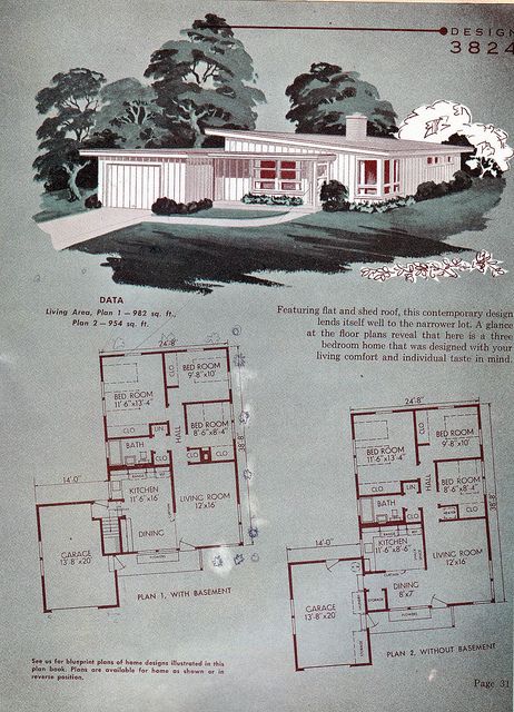 Design 3824: NPS 1955 | Flickr - Photo Sharing! 3 Bed, 1 Bath, Garage Mid Century House Plans, Vintage Floor Plans, Mid Century Modern House Plans, Midcentury Architecture, Mid Century Exterior, Mcm House, Vintage House Plans, Vintage Architecture, Sims House Plans