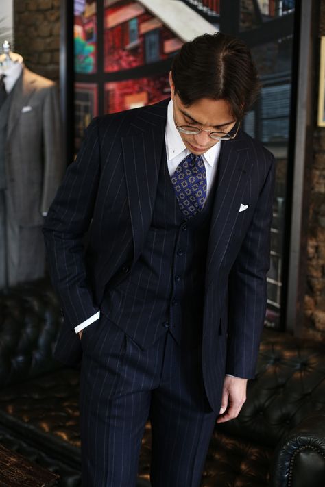 A navy pinstripe three piece suit haven’t been a bad choice for at least 100 years.   Fabric from Dugdale. Tie from E.Marinella... Three Piece Suit Wedding, Three Piece Suit Mens, 3 Piece Suit Men, New Mens Fashion Trends, Blue Pinstripe Suit, Masculinity Quotes, Navy Pinstripe Suit, Black Pinstripe Suit, Quotes Empowering