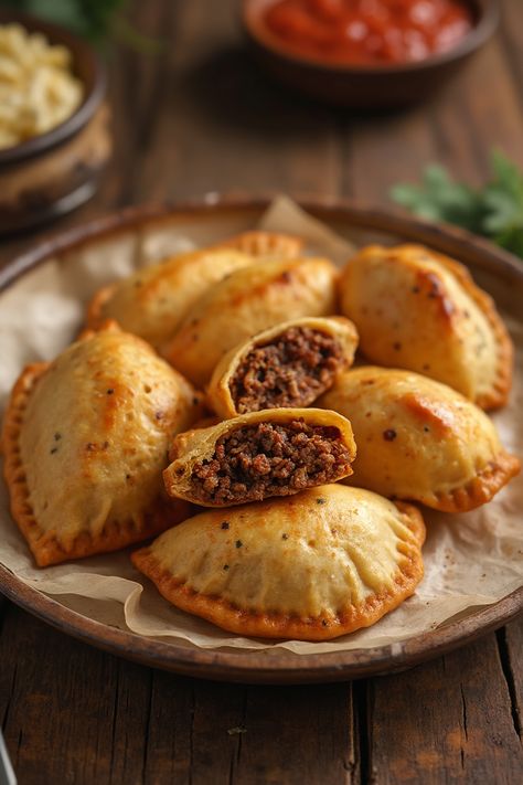 Easy Beef Empanadas Recipe

Ingredients

- 1 pound ground beef
- 1 onion, chopped
- 2 cloves garlic, minced
- 1/2 cup green olives, chopped
- 1 teaspoon ground cumin
- 1 package (10 oz) refrigerated empanada dough discs

Instructions

- Preheat oven to 375°F. 
- In a skillet over medium heat, sauté onions and garlic until softened, then add ground beef, cooking until browned. 

Full Recipe on... Empanadas Beef, Ground Beef Hand Pies, Ground Beef Empanadas Recipe, Ground Beef Empanadas, Easy Beef Empanadas Recipe, Empanada Dough Recipe, Easy Empanada Dough, Sourdough Empanada Dough, Empanada Dough