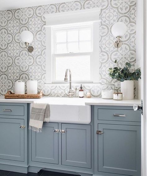 paint color is benjamin moore cloudy sky Blesser House, Kitchen Makeover On A Budget, Cottagecore Kitchen, Cozy Cottagecore, Budget Kitchen, Remodel Inspiration, The Tile Shop, Laundry Mud Room, Pretty Colors