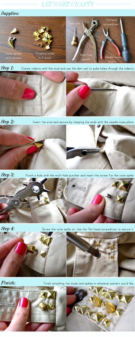 DIY Studded Trench How To Add Spikes To Clothes, How To Put Studs On A Jacket, How To Put Studs On Clothing, Diy Studs On Clothes, Diy Studded Jacket, Studs On Clothes, Diy Studded Clothes, Witches Silhouette, Spiritual Crafts