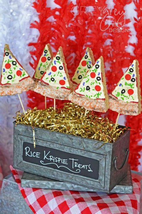 These Rice Krispie treat pizza slices are awesome! Check out the rest of this fun pizza party. See more party ideas and share yours at CatchMyParty.com Pizza Rice Crispy Treats, Pizza Birthday Decorations, Slice Of Fun Pizza Party, Pizza Theme Desserts, Pizza Party One Year Old, Pizza Party Birthday Ideas, Pizza Party Dessert Ideas, Pizza Party 1st Birthday, Pizza Party Theme Birthday