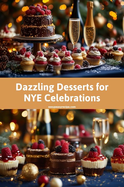 A festive array of chocolate cakes and berry-topped cupcakes with champagne glasses set against twinkling New Year's Eve lights. Show Stopping Desserts, New Year’s Eve Dessert Table, New Years Cheesecake, Dessert In A Glass Ideas, Desserts For New Year’s Eve, New Year’s Eve Themed Desserts, Easy New Years Eve Desserts, Desserts New Years Eve, New Years Dessert Ideas Easy