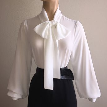 Fancy Shirt, Women Chiffon Blouse, Chiffon Blouses, Sheer White Blouse, Bow Tie Blouse, Bow Shirts, High Neck Top, Bow Blouse, Elegant Blouses