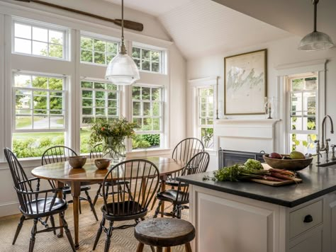 Cape Kitchen, New England Kitchen, Room Off Kitchen, Cozy Kitchens, New England Farmhouse, Staging Ideas, Eating Area, Dark Wood Cabinets, Shaker Furniture