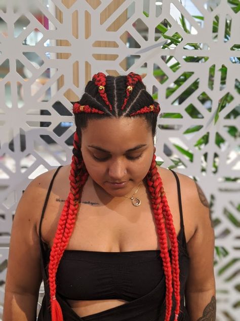 Four quad dutch braids with red braiding extensions and gold cuffs for music festival. Braids With Red Extensions, Quad Braids, Red Dutch Braids, Braids With Red, Four Braids, Cornrows Ponytail, Braiding Extensions, Four Braid, Braid Extensions