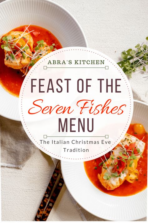 A seven-course menu featuring seafood to celebrate the Italian American tradition of "Feast of the Seven Fishes" Seafood First Course, Christmas Eve Seafood Dinner Menu Ideas, Feast Of Seven Fishes Holidays, Italian Seven Fish Dinner, Italian Seven Fishes, Christmas Eve Feast Of The Seven Fishes, 7 Fishes Christmas Eve Traditional, Easy Feast Of The Seven Fishes, Shepherds Dinner Christmas Eve