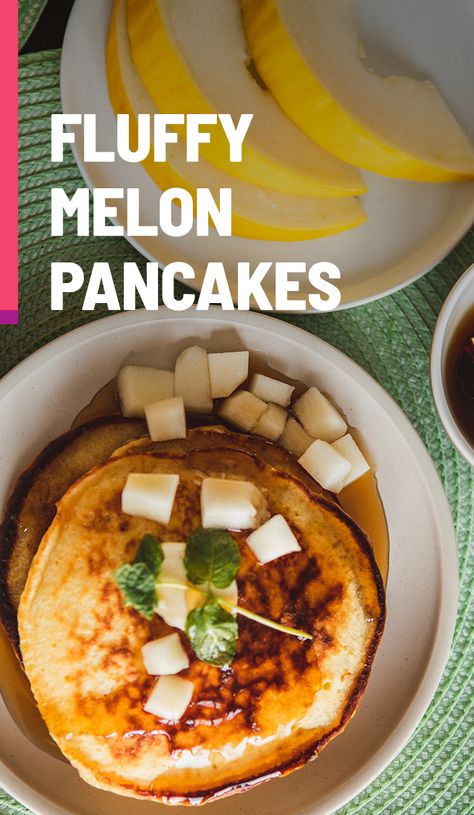 Enjoy a delicious stack of warm Fluffy Melon Pancakes made with creamy Alonna™ Canary Melon puree and topped with fresh diced melon! #alonna #canarymelon #melons #greenhousegrown #brunch #breakfast #pancakes #flavorUP #LiveDeliciously Melon Breakfast, Canary Melon, Canary Melon Recipe, Melon Recipes, Sunday Brunch, Vegetarian Cooking, Food For A Crowd, Fresh Mint, Best Breakfast